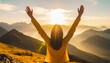 Success story: A woman on top of the mountain with arms open to a welcoming new day with sunrise success.  Generative Ai