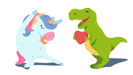 Funny smiling cute imaginary animals. Dancing unicorn, heart giving dinosaur. Tyrannosaurus Rex sharing his love fantasy. Viral marketing and social media animal characters concept vector illustration