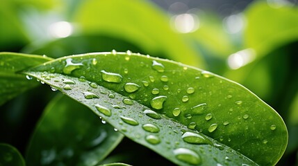 Wall Mural - Closeup - of green plant leaves with water droplets. Natural background, generative ai