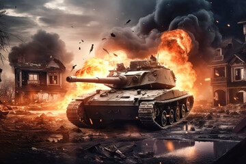 Wall Mural - War Concept. Attack on a peaceful city or village. Hostilities. Tank against the background of fire, smoke and explosions. Fire in a destroyed house. Battle in ruined city.