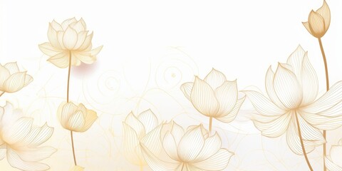 Luxury hand drawn lotus flowers background . Elegant gradient gold lotus flowers line art, leaves on white background. Oriental design for wedding invitation, cover, print, decoration, Generative AI