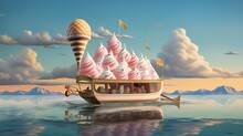 A Whimsical Scene Of An Ice Cream Boat Cruising Along A Serene Lake, Offering A Unique Floating Experience To Savor Frozen Delights.