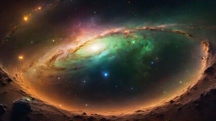  Bright fictional large galaxy in the space designed with green and golden colors with stars, planets and clouds. AI Generated
