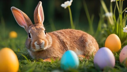  a rabbit sitting in the grass next to some easter eggs and daffodils in a field of grass.