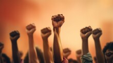 Diverse Interracial People Raise Hands Up. African American Male Female Fists. Black Lives Matter. Antiracism Equality Concept. Activist People Protest. Stop No Racism. Active Protesters Fight Freedom
