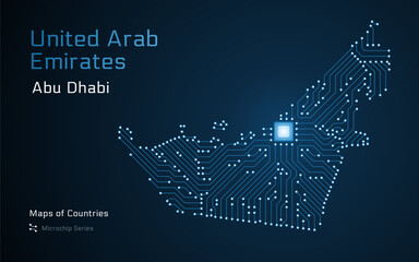 United Arab Emirates, Great BritainGlowing Map with a capital of Abu Dhabi Shown in a Microchip Pattern. E-government. World Countries vector maps. Microchip Series
