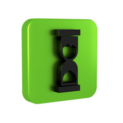 Poster - Black Old hourglass with flowing sand icon isolated on transparent background. Sand clock sign. Business and time management concept. Green square button.