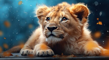 Poster -  a close up of a lion cub laying on the ground with a blurry background of leaves and drops of water.