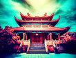 Ancient asian temple in red colors under a dramatic sky - Digital illustration