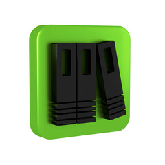 Poster - Black Office folders with papers and documents icon isolated on transparent background. Office binders. Archives folder sign. Green square button.