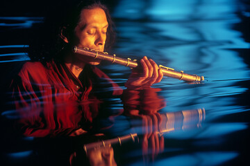 Poster - A person playing the flute, captured in an abstract manner that conveys the harmonious flow of music through the instrument.