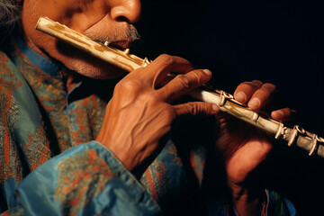 Poster - A person playing the flute, captured in an abstract manner that conveys the harmonious flow of music through the instrument.