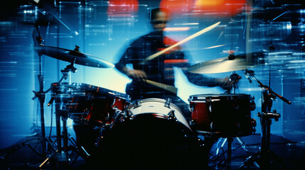 Poster - Abstract representation of a drummer immersed in the soulful beats of rhythm and blues, with dynamic visual elements capturing the essence of the genre.