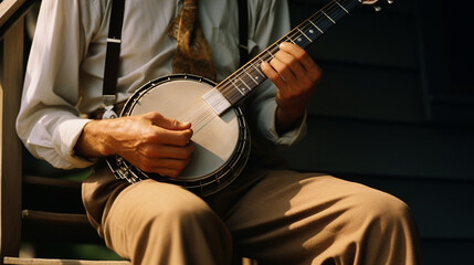 Poster - Abstract representation of a person playing the banjo in a bluegrass style, with lively visual elements reflecting the joyful and energetic nature of the music.