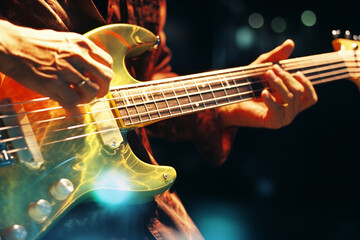 Poster - Close-up of a bassist's fingers moving over the strings, with electrifying abstract patterns reflecting the rhythmic groove.