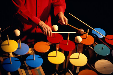 Poster - A person playing mallet percussion instruments, creating an abstract representation of the vibrant and percussive nature of this ensemble.