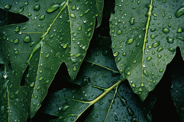 Aufkleber - Close-up of leaves adorned with raindrops, creating abstract patterns and enhancing the organic textures of nature.