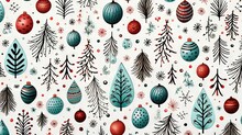 Abstract Scrapbooking Festive Holiday Doodle Backdrop With Diverse Christmas Ornaments, Decorations. Seamless Background Wallpaper. Great As Luxury Postcard.