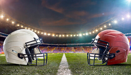 Poster - two American football helmets facing each other on football field with stadium lights. Sports background