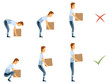 © designer_things - Lifting technique safe movement. Safety. Correct and incorrect instruction for moving heavy packages for workers. Ergonomic movement for loading objects flat illustration