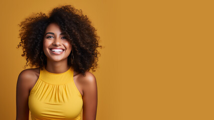 Wall Mural - Afro-american woman model wearing a yellow sundress isolated on pastel