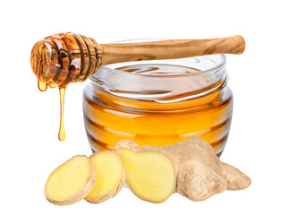 Wall Mural - Honey and ginger root isolated on white or transparent background. Natural treatment for cold and cough