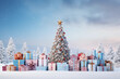 Scène 3D de plein de cadeaux au pied d'un sapin - ambiance de fête de fin d'année et de joyeux Noël - fond bleu