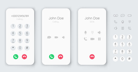 Smartphone dial phone ui set. Phone number pad, call screen with keypad and dial buttons. Mockup incoming call.  isolated illustration touchscreen telephone interface