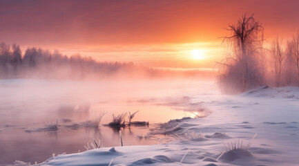 Pink sunrise over a misty, frozen pond.