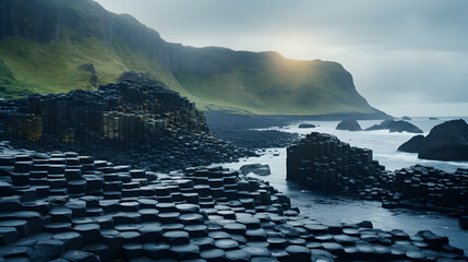Wall Mural - A photo of the Giant's Causeway, with hexagonal basalt columns as the background, during a misty morning
