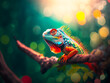 Colorful chameleon on a branch with bokeh background