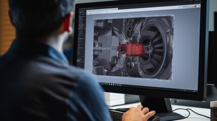 Poster - specialist discussing 3d cad software on desktop computer with prototype jet engine project – close-up view of monitor screen and engaged hands