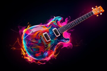 Luminous Guitar neon. Sound string bar. Generate Ai