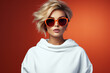 © Veronica - Young blonde woman wearing white plain sweatshirt, oversized fitting sweatshirt style,ai generated