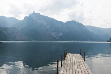 Wall Mural - Summer landscape at Traunsee lake, landscape photo of lake and mountains near Gmunden, Austria, Europe	