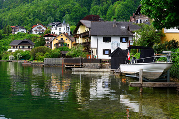 Poster - Summer landscape at Traunsee lake, landscape photo of lake and mountains near Gmunden, Austria, Europe	