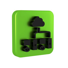 Poster - Black Computer network icon isolated on transparent background. Laptop network. Internet connection. Green square button.