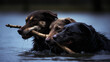 Three Wet Dogs Playing Fetch with a Stick in Dark Water Setting
