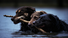 Three Wet Dogs Playing Fetch With A Stick In Dark Water Setting