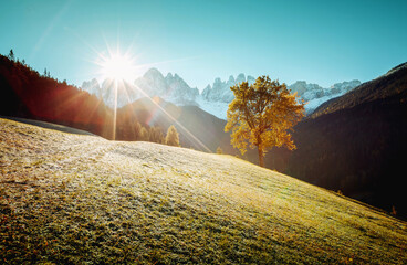 Wall Mural - View of the alpine hill that glowing by sunlight. Location Funes valley, Dolomites. South Tyrol. Italy, Europe.