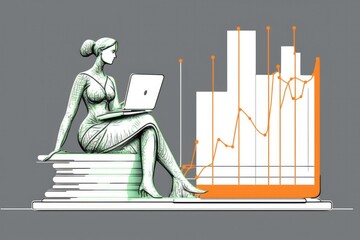 Poster - Businesswoman sitting on pile of books and working on laptop