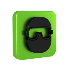 Wall Mural - Black Ski goggles icon isolated on transparent background. Extreme sport. Sport equipment. Green square button.