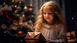 © Irina - Happy little girl kid surprised and delighted with the gift box for Christmas. Miracle and magical Christmas night. Christmas tree with garland background. New Year Eve and Merry Christmas holiday