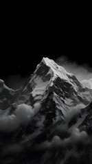 Professional monochrome photography of a snowy mountain peak. Graphic black and white poster of a snow covered mountain range. Landscape shot for interior painting.