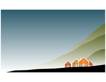 A Small Town At The Foot Of Green Hills. Vector Image For Prints, Poster Or Illustrations.