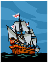 Towards Adventure. A Sailing Ship Is Heading For Unknown Horizons. Vector Image For Prints, Poster Or Illustrations.
