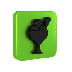 Poster - Black Ice cream in the bowl icon isolated on transparent background. Sweet symbol. Green square button.