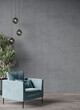 Livingroom with pastel teal turquoise blue accent armchair. Grey plaster decorative stucco on the wall of microcement texture. Mockup interior design. Premium minimal style trend 2024. 3d render