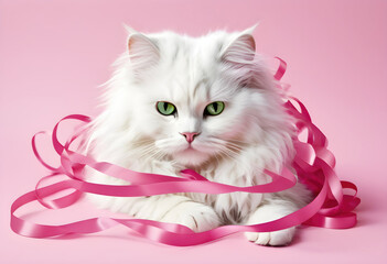 Wall Mural - White fluffy cat with tangled satin pink ribbons isolated on a pink background 