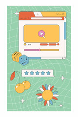 Fototapete - cool stories or post template, retro browser computer window in 90s vaporwave with geek stickers. y2